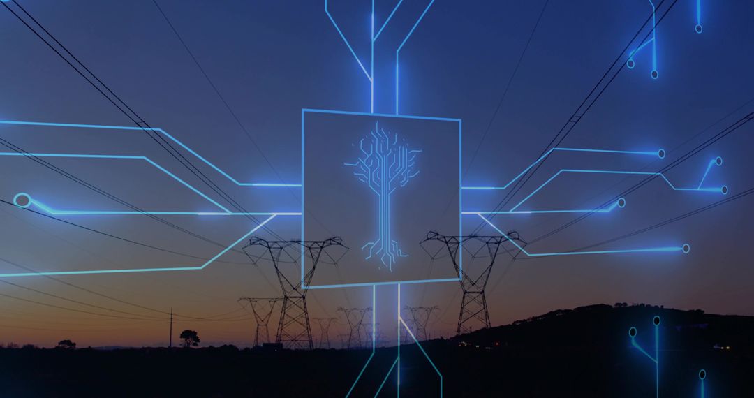 Digital Circuit Tree Symbolizing Sustainable Technology in Rural Landscape