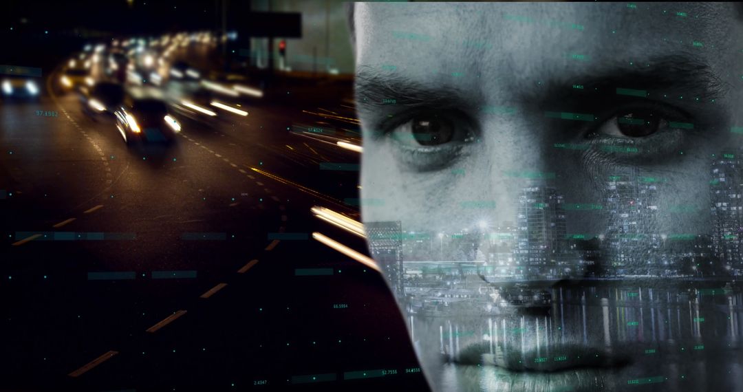 Digital Futurism Concept with Introspective Male and Urban Nightlife