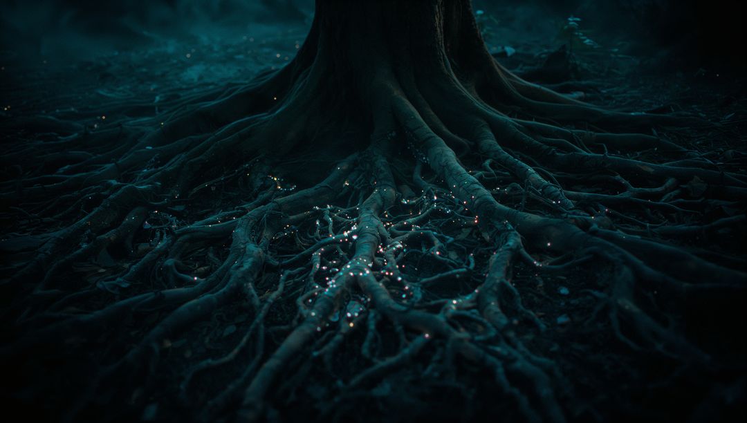 Enchanted Tree Roots Illuminated by Mystical Moonlight