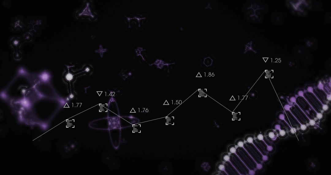 Neon Biotech Data Visualization with DNA Helix and Trend Graph on Dark Tech Background