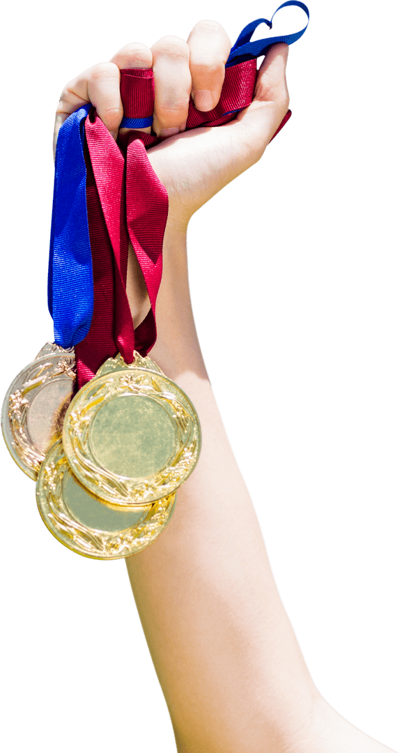 Hand Holding Gold Medals Signifying Victory on Transparent Background