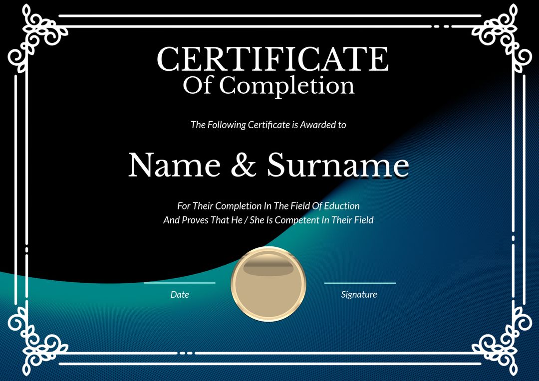 Elegant Certificate of Completion Template with Blue and Black Background - Download Free Stock Templates Pikwizard.com