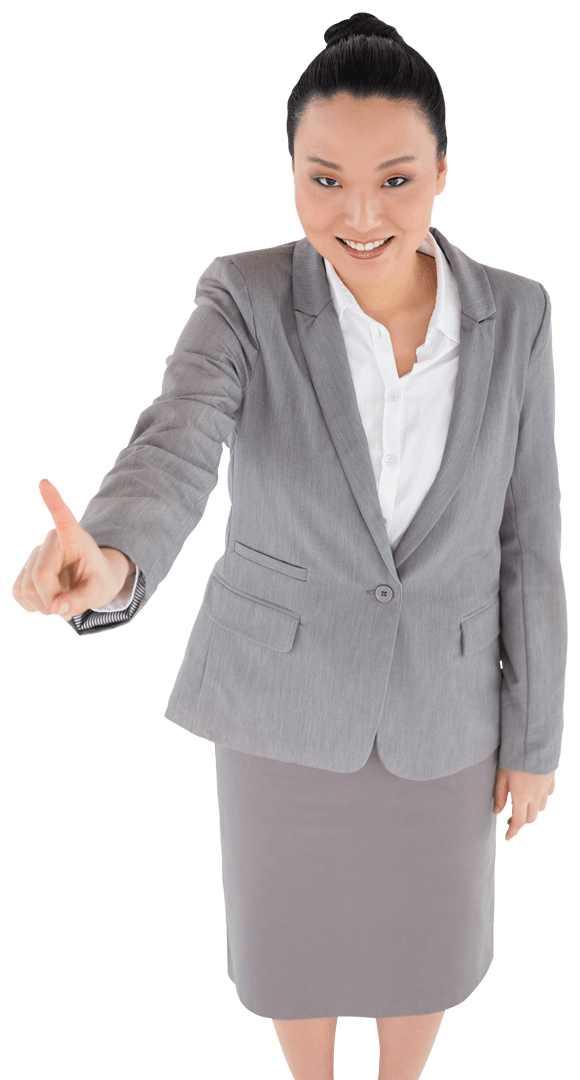 Happy Asian Businesswoman with Virtual Touch Interacting on Transparent Background