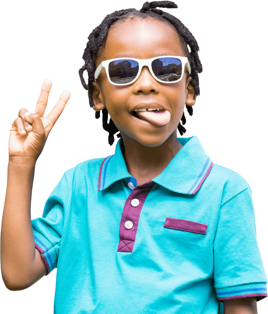 Cheerful Boy With Sunglasses Showing Peace Sign Against Transparent Background