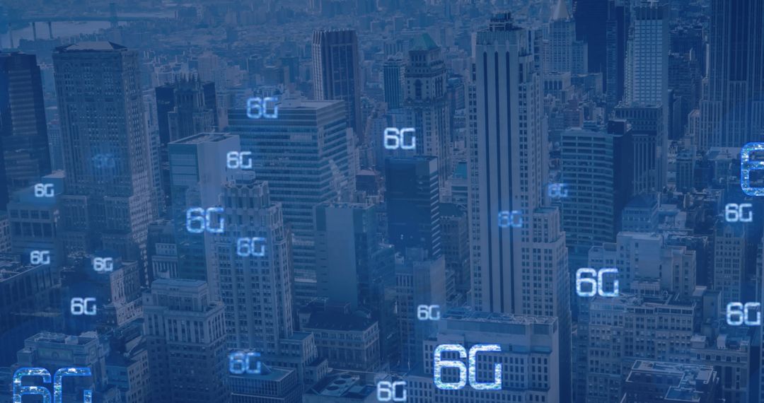 Futuristic Cityscape with 6G Network Technology Overlay