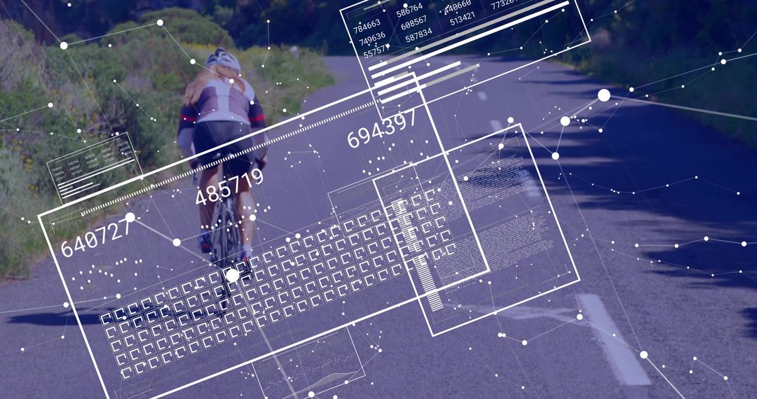 Cyclist on Country Road with Digital Data Overlay