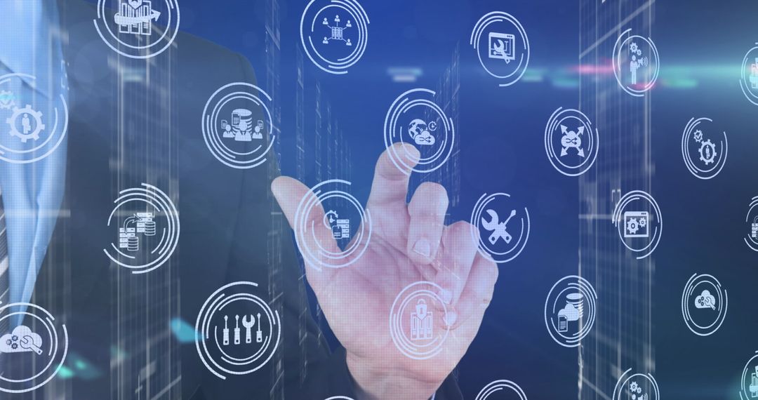 Businessman Interacting with Futuristic Digital Icons on Virtual Screen