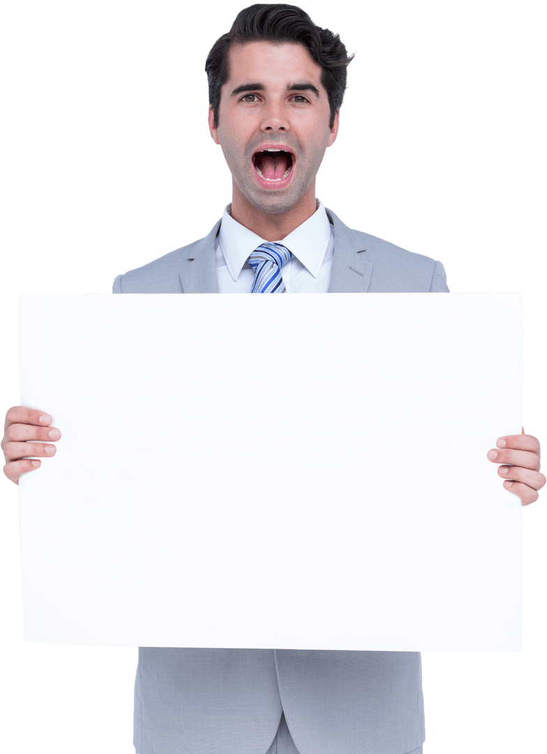 Surprised Businessman Holding Blank Transparent Billboard