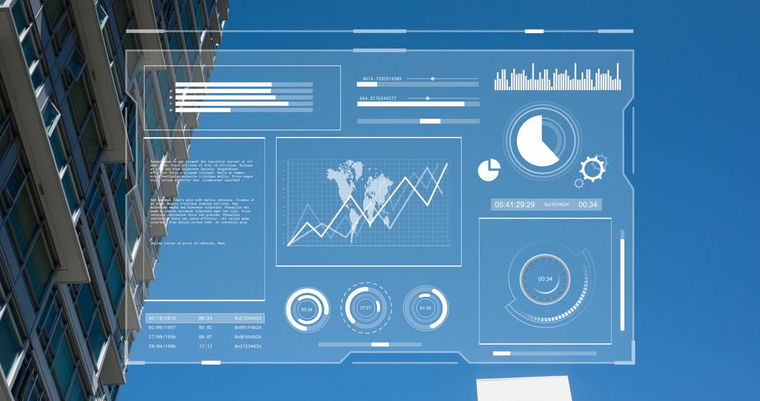 Futuristic Data Interface with Tall Buildings Against Blue Sky