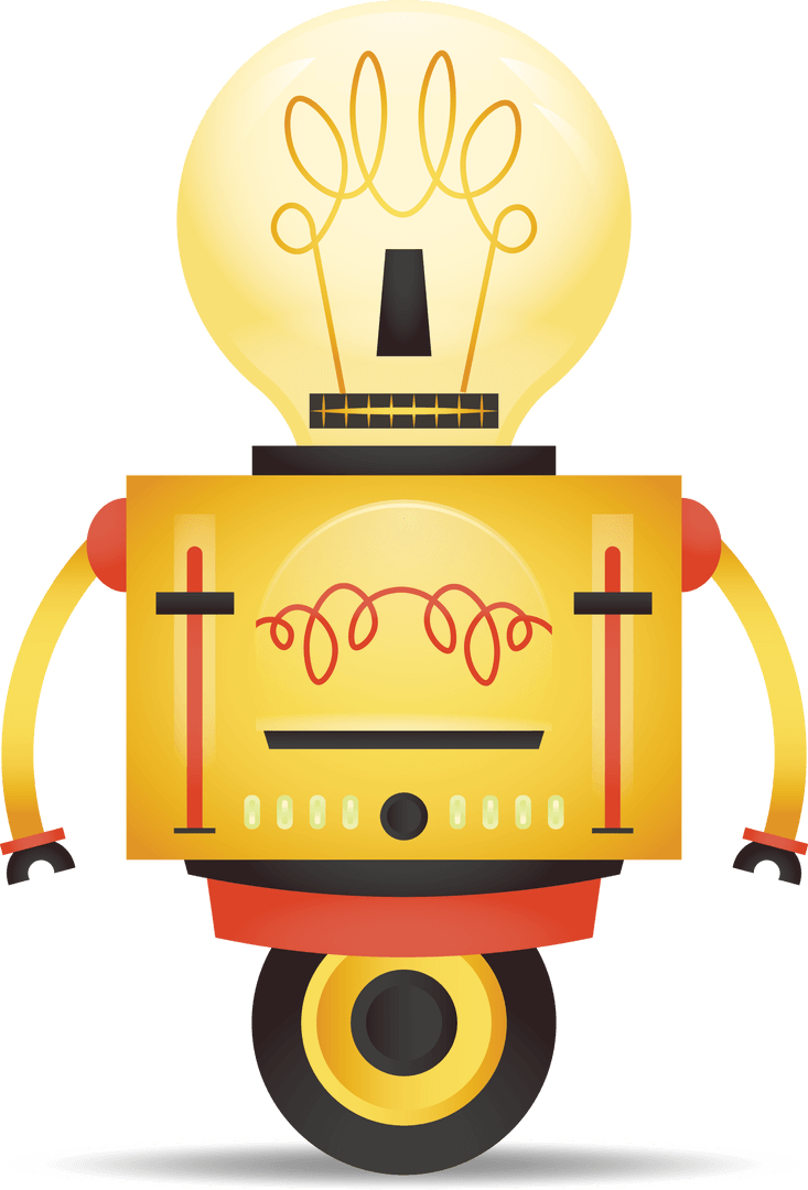 Cute Yellow Robot with Lightbulb Head on Transparent Background