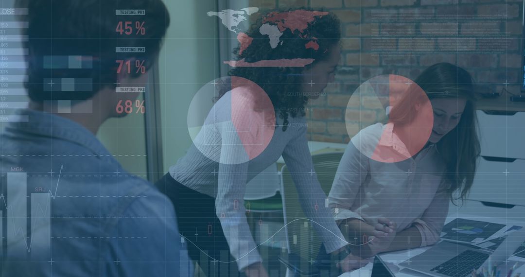 Diverse Team Analyzing Financial and Global Data on Digital Interface