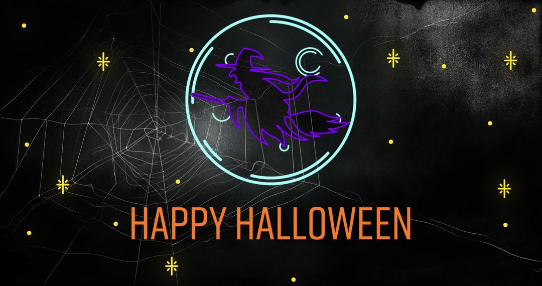 Neon Witch with Happy Halloween Text on Black Background