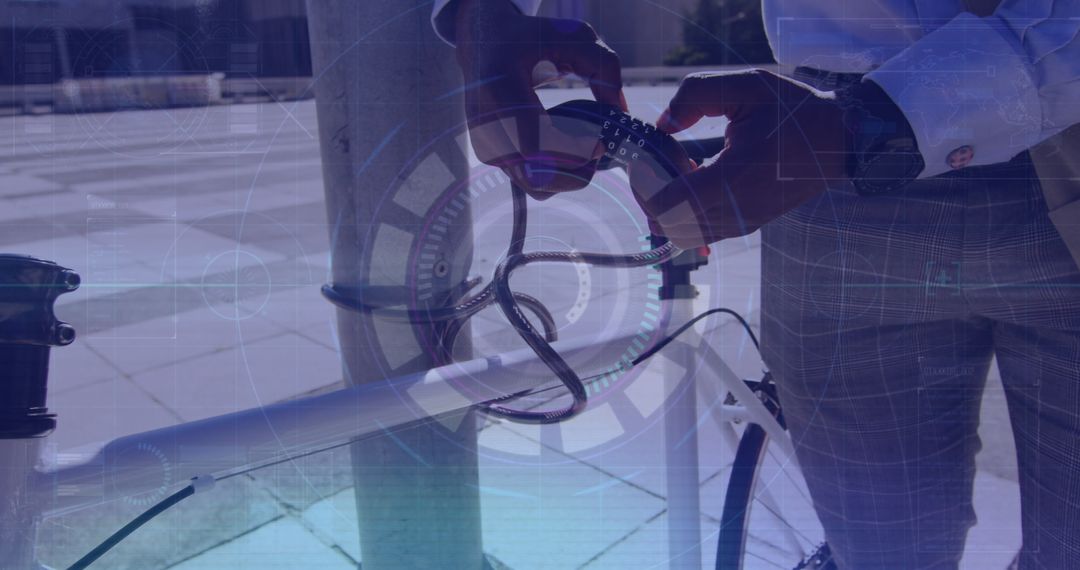 African American Businessman Locking Bike with Digital Interface