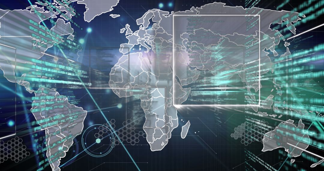 Futuristic World Map with Digital Information Overlay