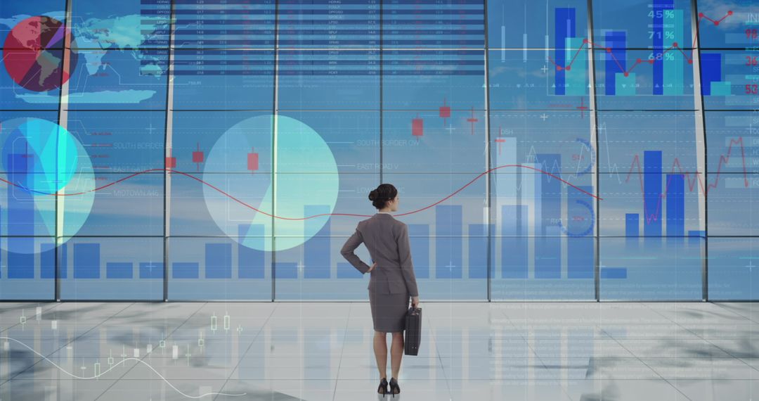 Businesswoman Analyzing Advanced Financial Data on Digital Screens