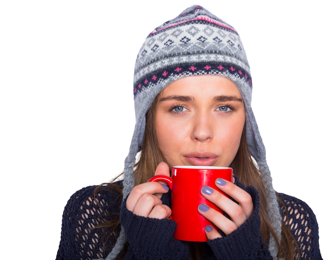 Transparent young woman in winter clothing drinking hot coffee - Download Free Stock Images Pikwizard.com