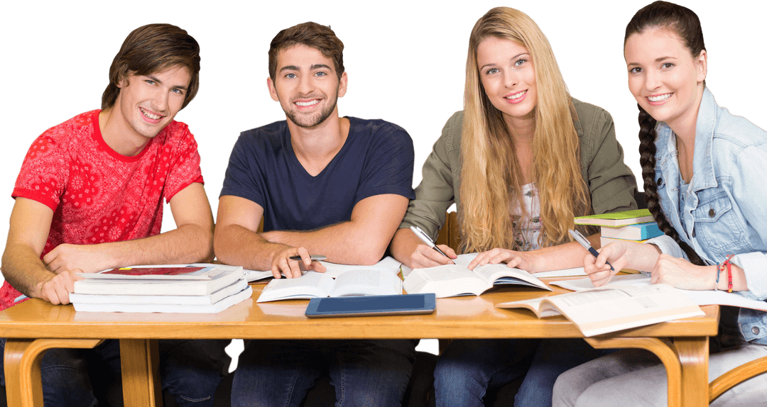 Smiling Young Adults Collaborating at Desk with Transparent Background