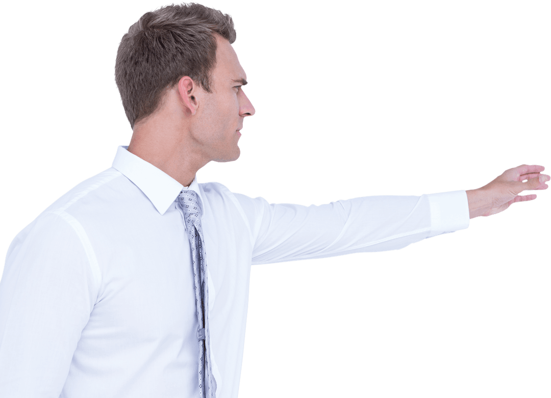 Caucasian Businessman Touching Virtual Screen on Transparent Background