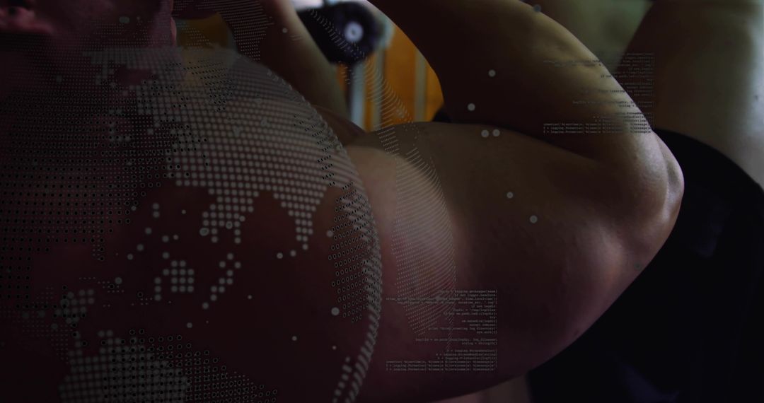Flexing Male Bodybuilder Showing Bicep and Torso with Digital Globe and Code Overlays