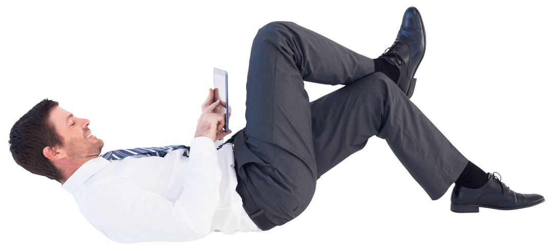 Transparent Businessman Lying Down Holding Tablet