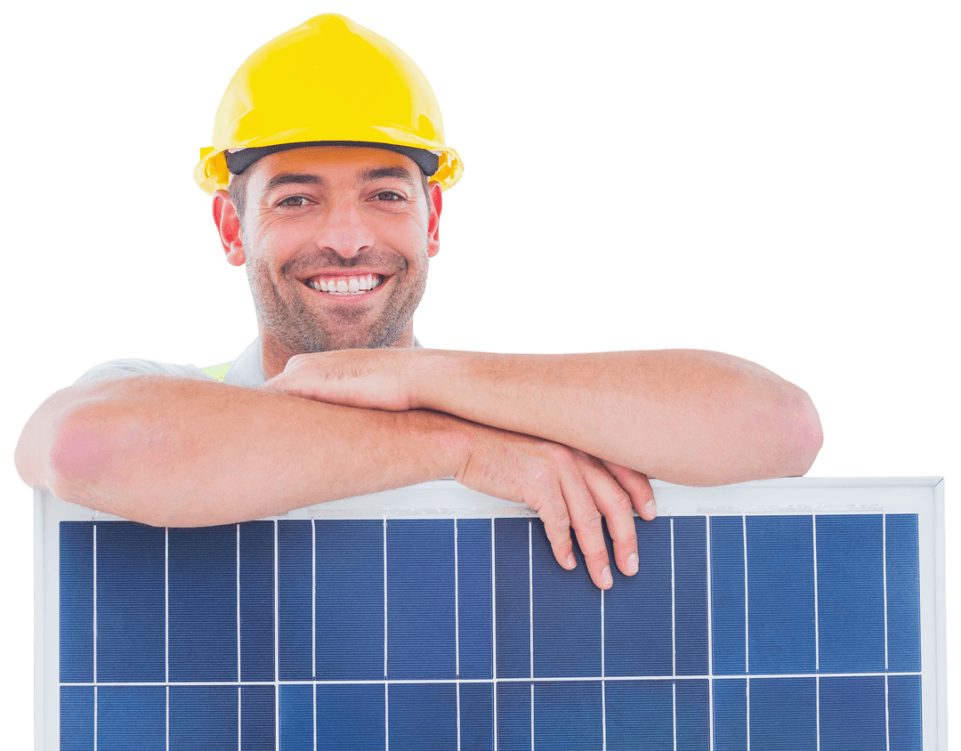 Smiling Male Worker with Solar Panel on Transparent Background
