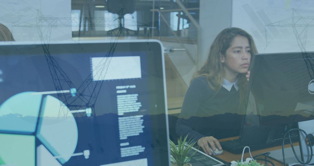 Woman Analyzing Business Data with Digital Overlay Effects