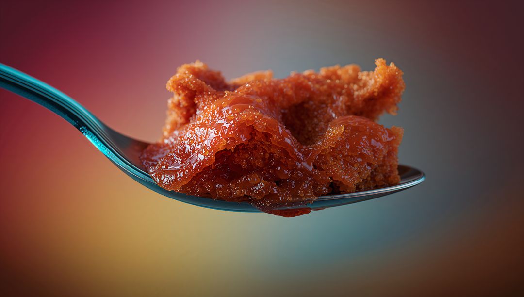 Glossy Red Gourmet Paste on Metallic Spoon Against Gradient