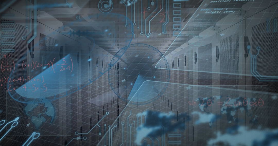 Futuristic Data Center with Interface Overlays on Server Racks