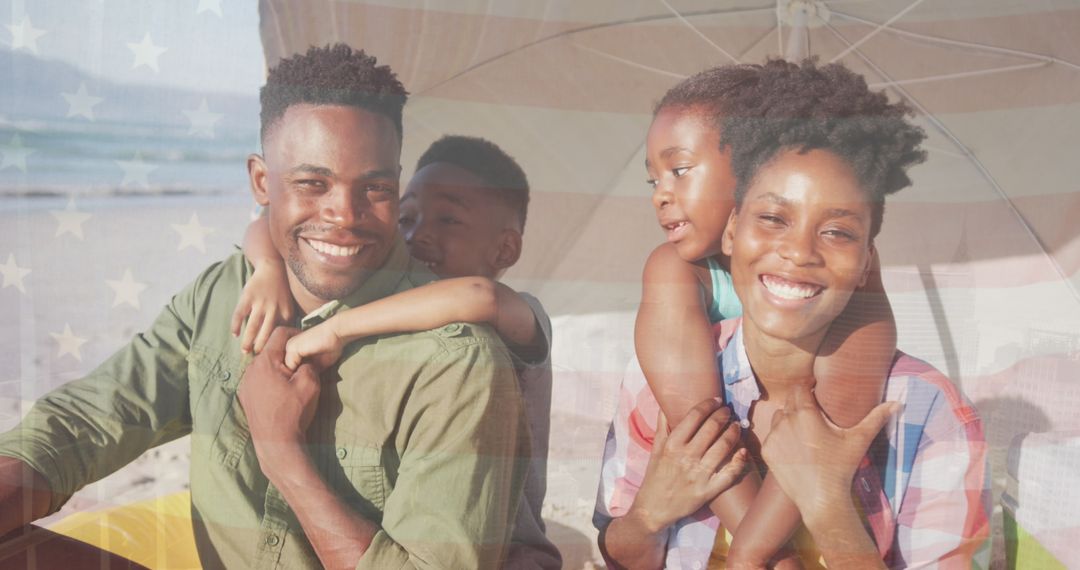 Family Enjoying Beach with USA Flag Overlay Reflecting Patriotism