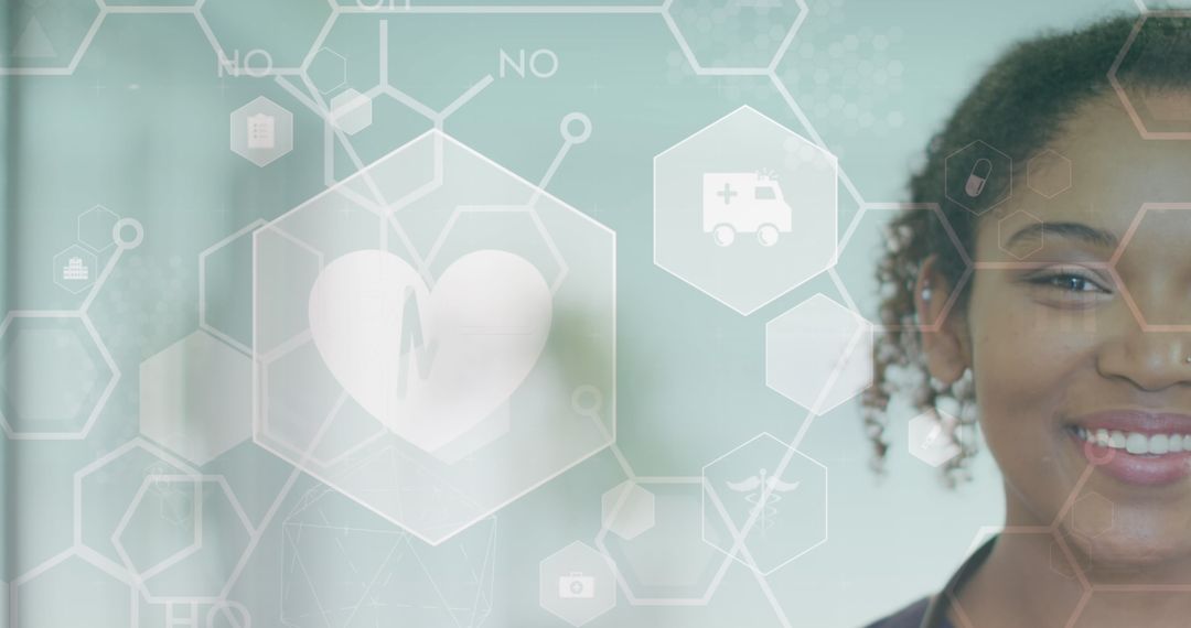 Smiling Doctor with Medical Icons Overlay, Technology in Healthcare