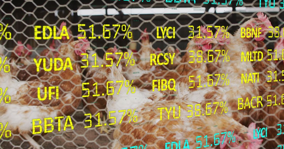 Financial Data Overlay on Chickens at Farm Illustrating Economic Concepts