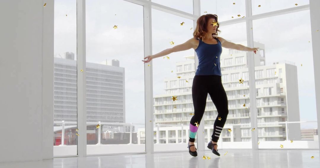 Energetic Dancer in Modern Studio with Confetti Sparkle