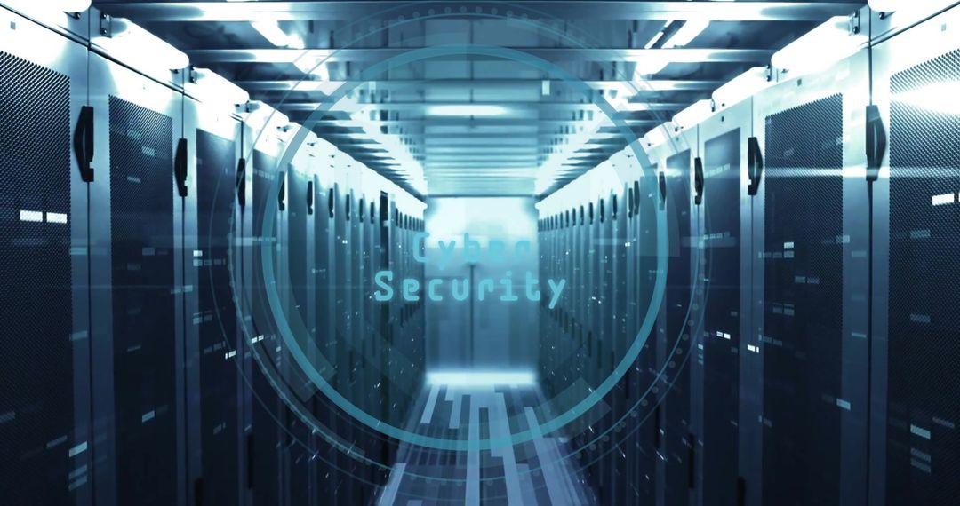 Cybersecurity concept with digital data across computer servers