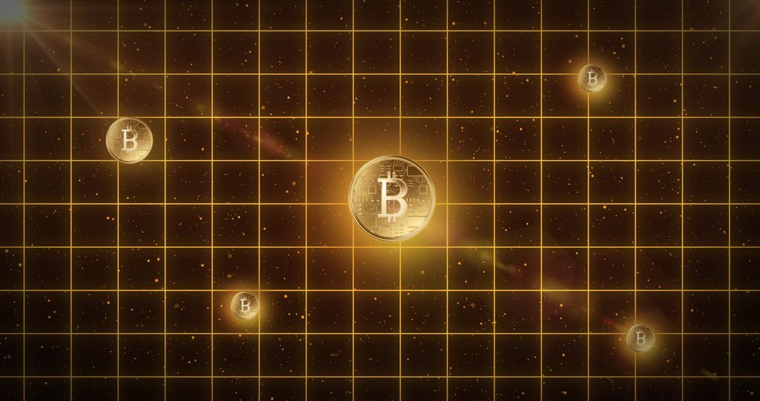 Glowing Bitcoin Symbols Over Grid on Black Background