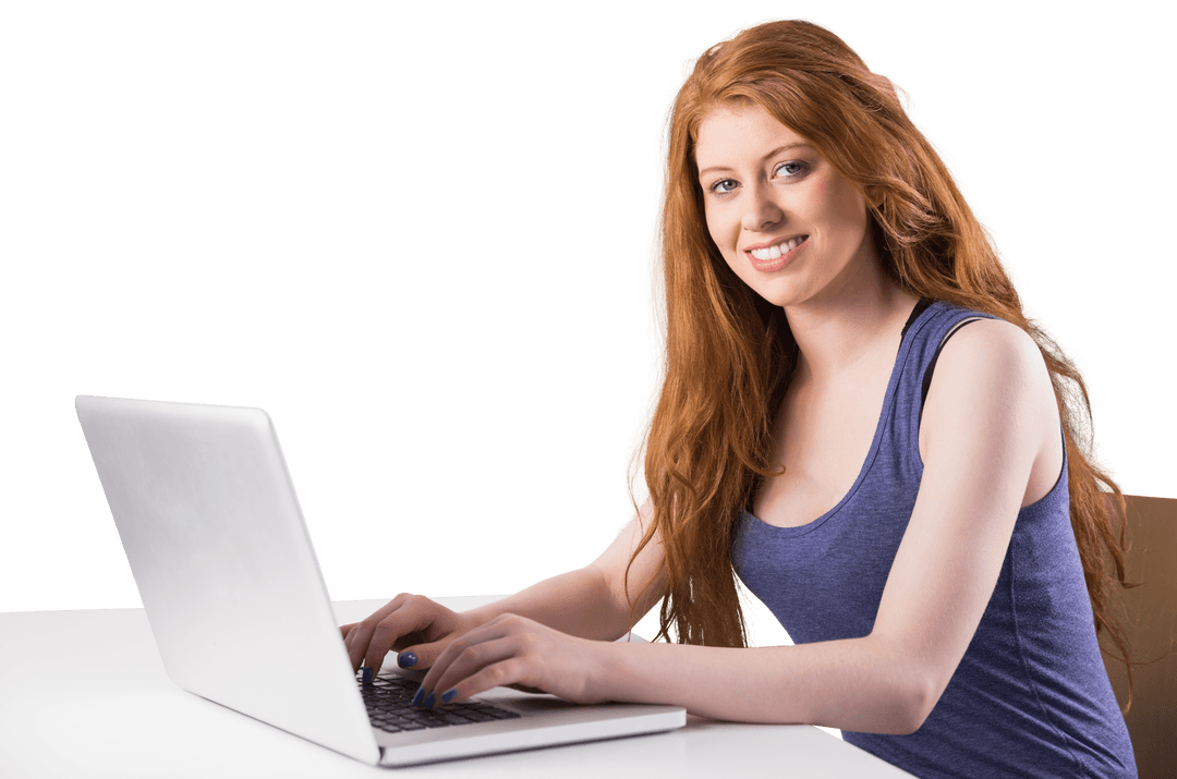 Transparent Redhead Woman Smiling While Using Laptop