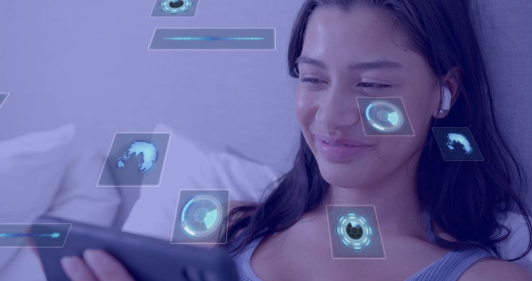 Woman Engaging with Futuristic Augmented Reality on Tablet