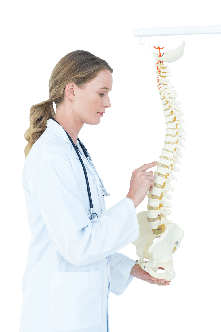 Transparent Female Doctor Examining Anatomical Spine Model