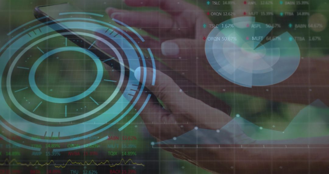 Mature woman tapping smartphone with futuristic HUD data overlay, analytics and charts