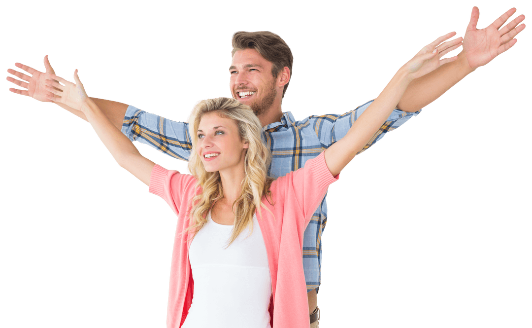 Joyful Couple Embracing Happiness with Open Arms on Transparent Background