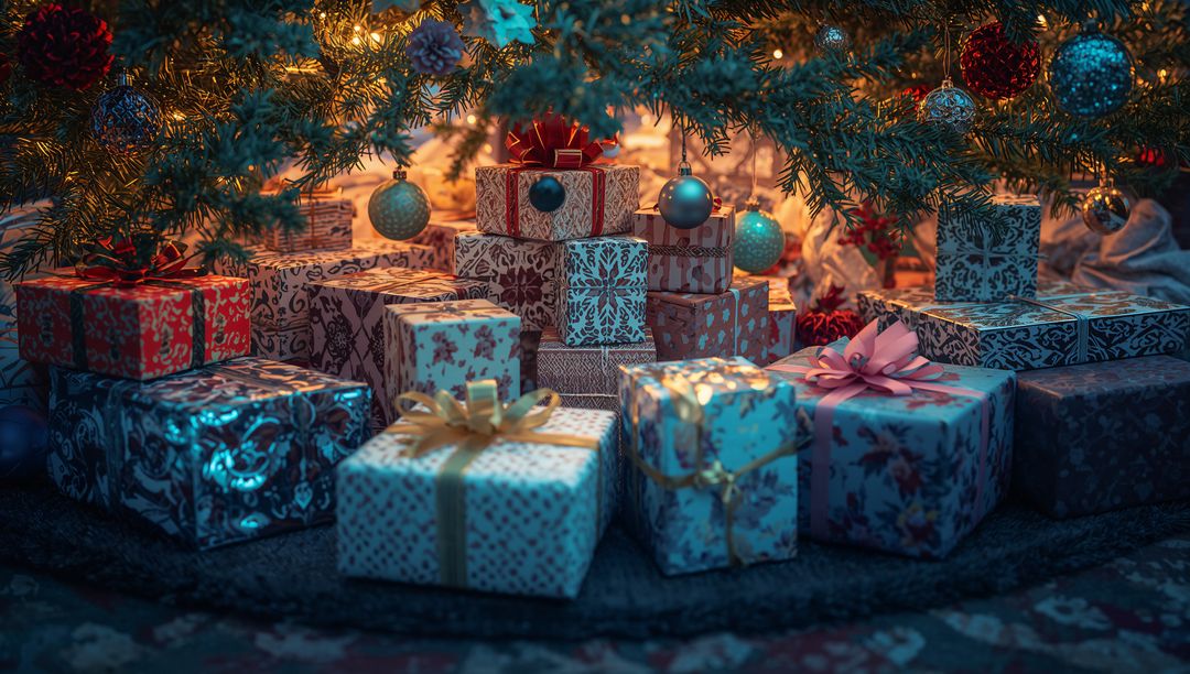 Gift Boxes with Satin Ribbons under Illuminated Christmas Tree