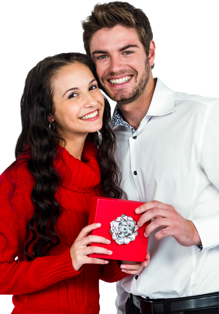 Smiling couple holding red gift box on transparent background - Download Free Stock Images Pikwizard.com