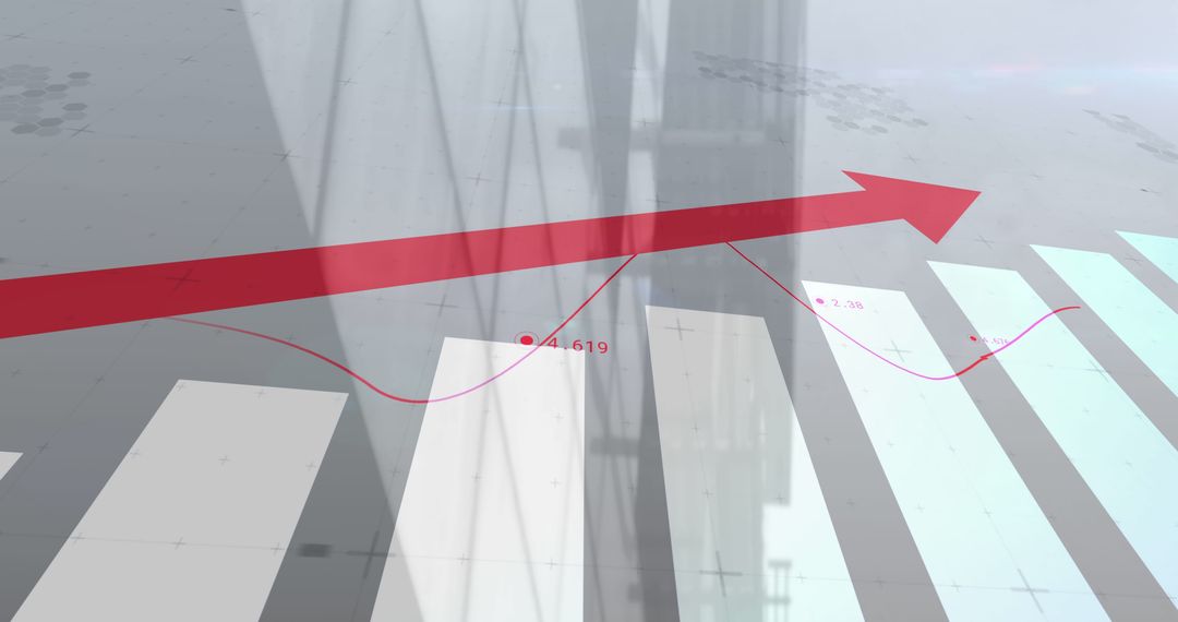 Red Arrow with Graph Overlay on Cityscape Indicating Financial Growth
