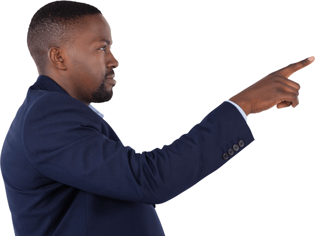 Businessman Pointing at Invisible Virtual Screen on Transparent Background
