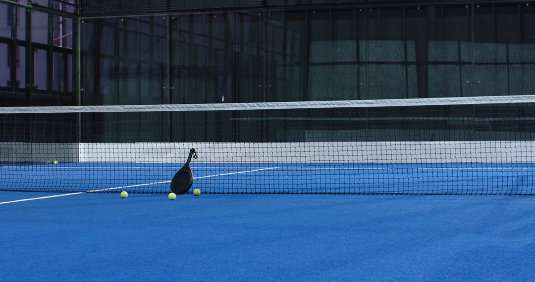Padel Equipment on Blue Court with Racket Silhouette