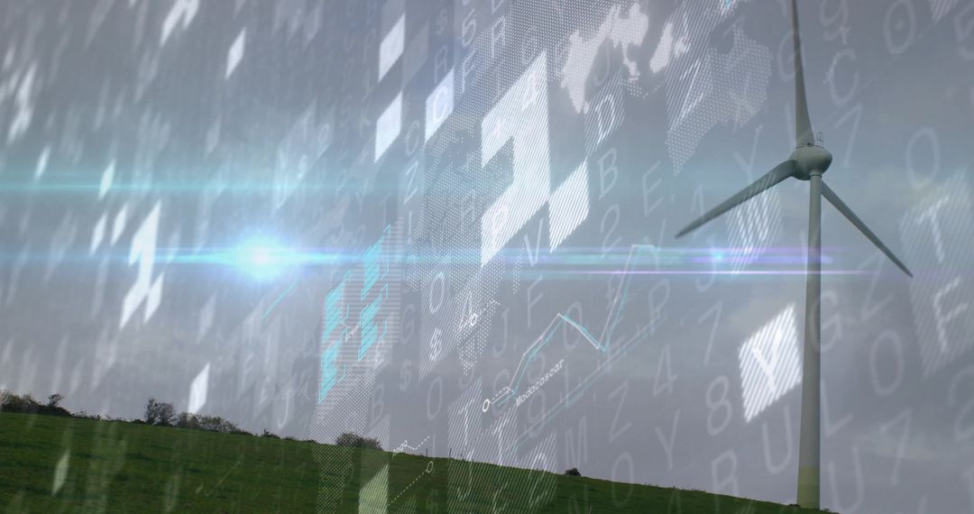Wind Turbine with Digital Data Overlay over Green Field for Renewable Energy Analytics