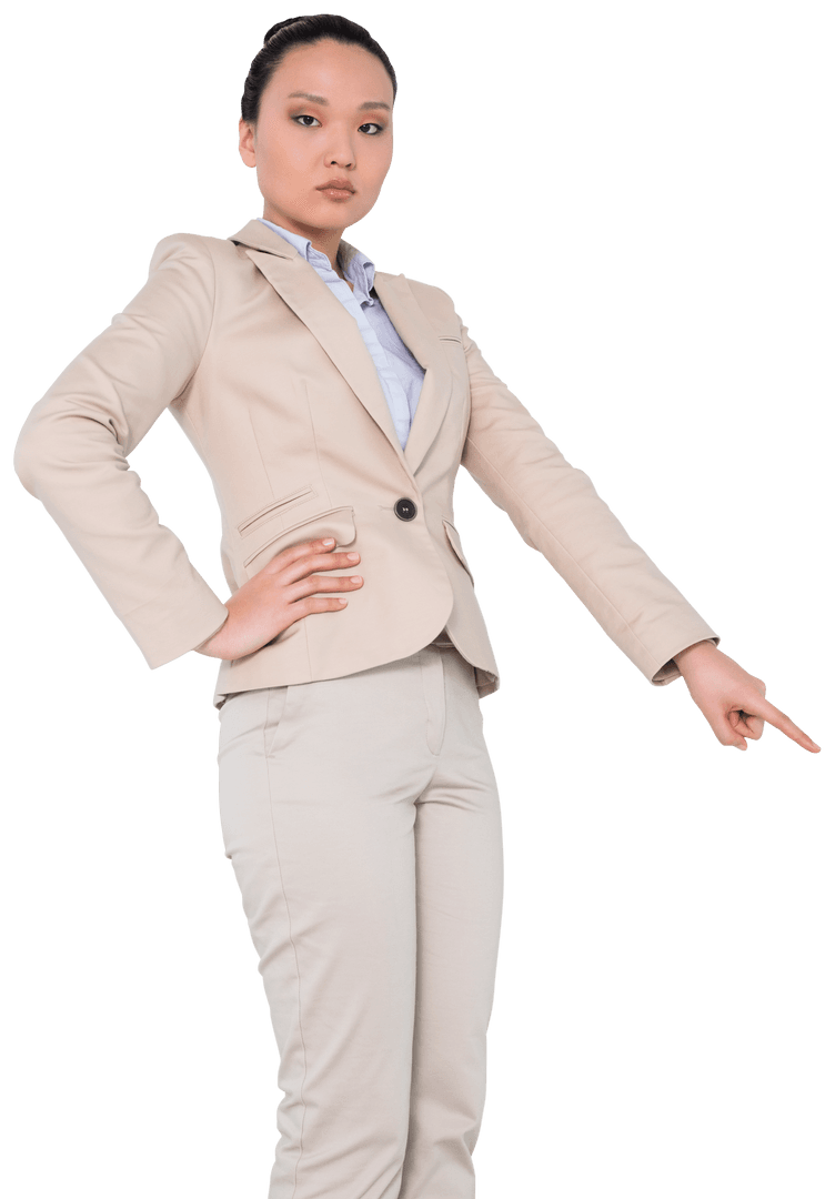 Confident Businesswoman Pointing with Authority on Transparent Background