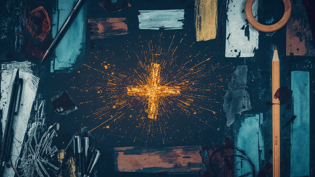 Radiant Plus Sign on Artistic Dark Desktop with Brushes and Pencils