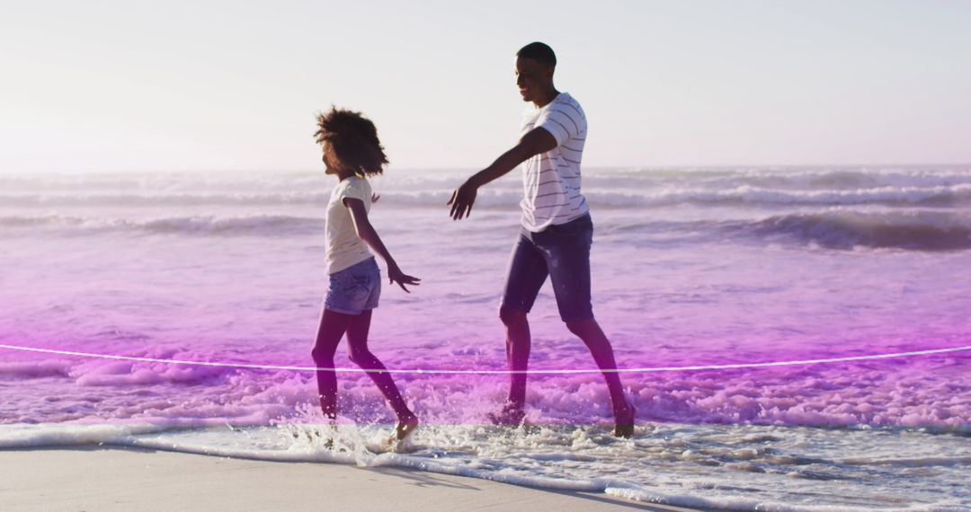 Joyful Couple Enjoying Beach with Light Trail Effect