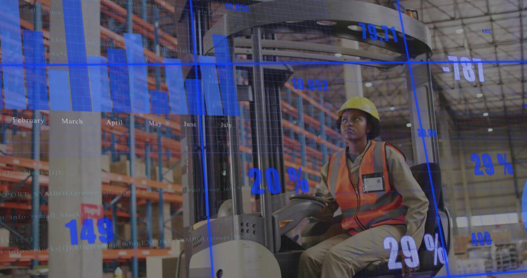 Warehouse Worker Operating Vehicle Amidst Digital Graphs