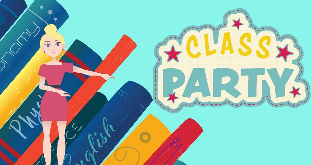 Animated Woman Hosting Class Party with Colorful Books